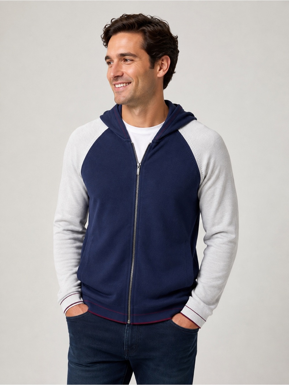 Banana Republic Silk Colorblocked Full Zip Knit Sweater Men M Navy Blue